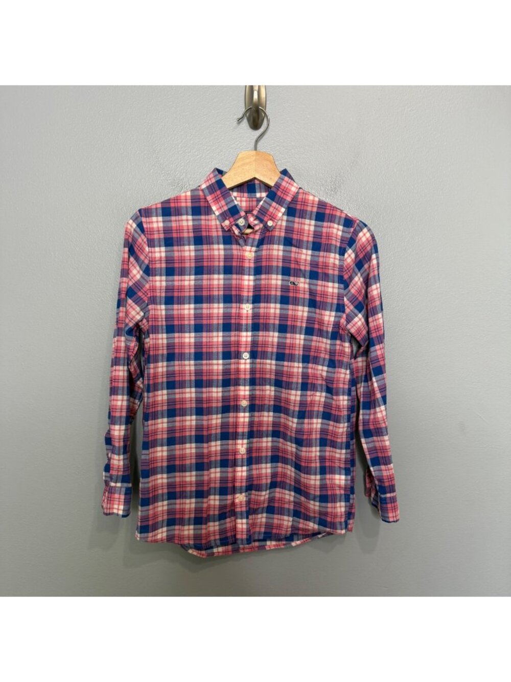 VINEYARD VINES boy's pink & blue plaid whale button down shirt youth M 12 14